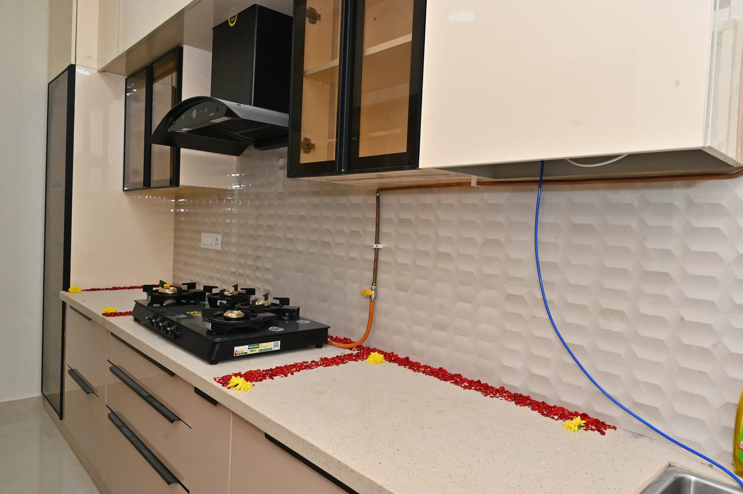 White Gloss Kitchen with Black Glass Shutters by Nook & Kove, Bengaluru
